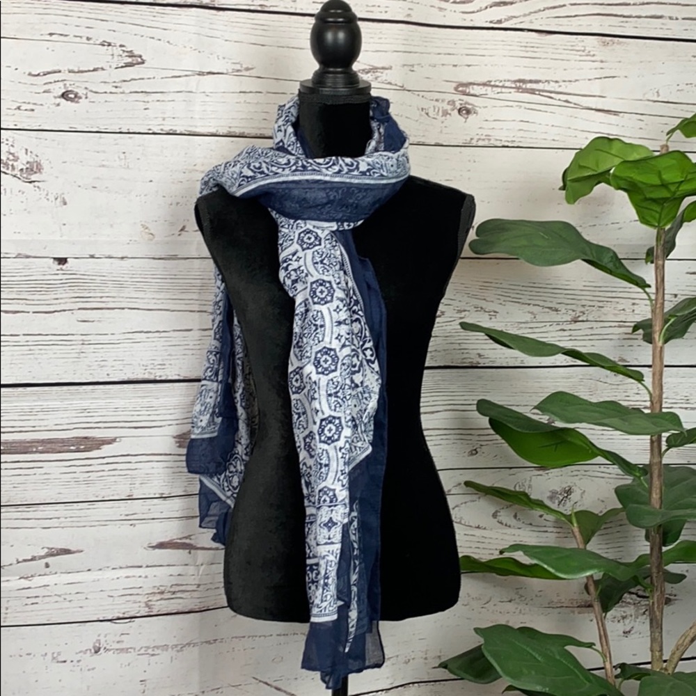 Sheer Blue & White Scarf 41” W x 70” L